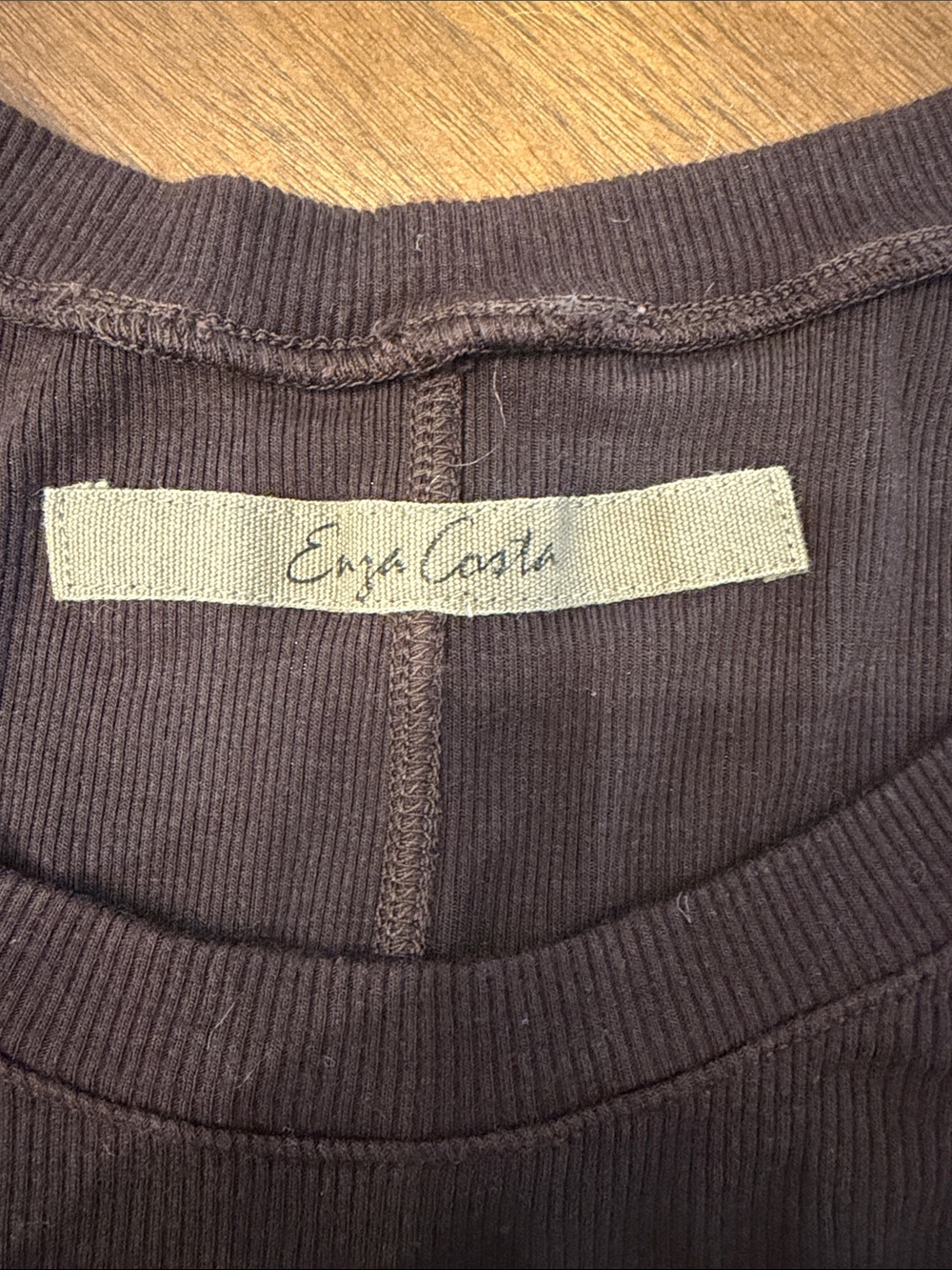Enza Costa Ribbed Scoop Neck Long Sleeve Top - Dark Brown - Picture 2 of 3